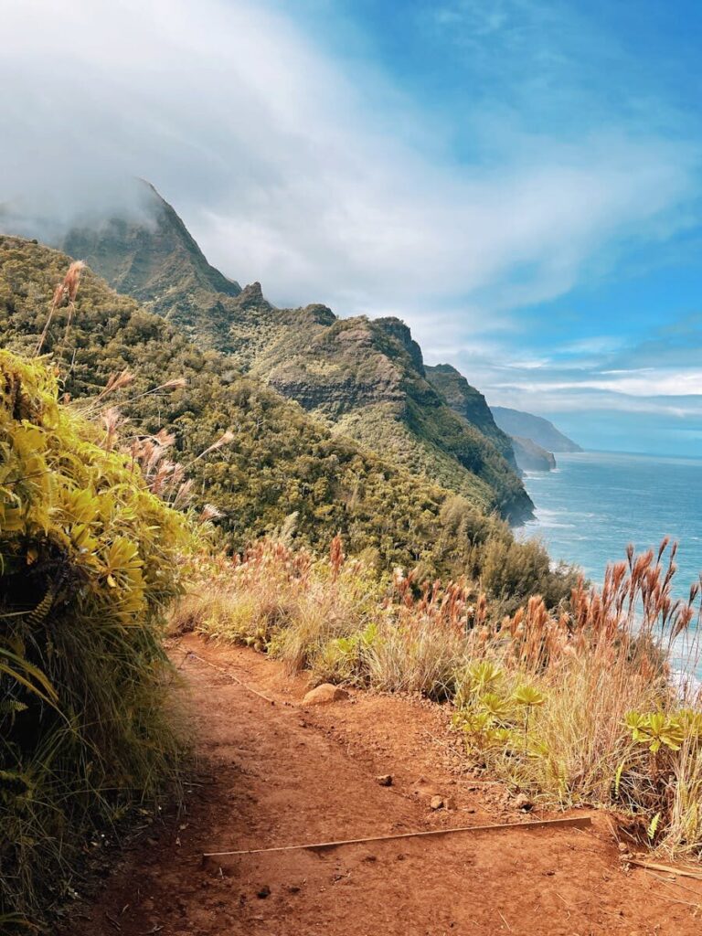 Breathtaking view of Na Pali Coastline with lush mountains and ocean in Hawaii.